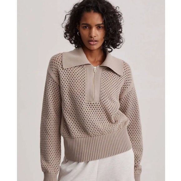 Varley Sweaters - NWOT New VARLEY Lily Knit Polo Tan Perforated Quarter Zip Collared Sweater XS